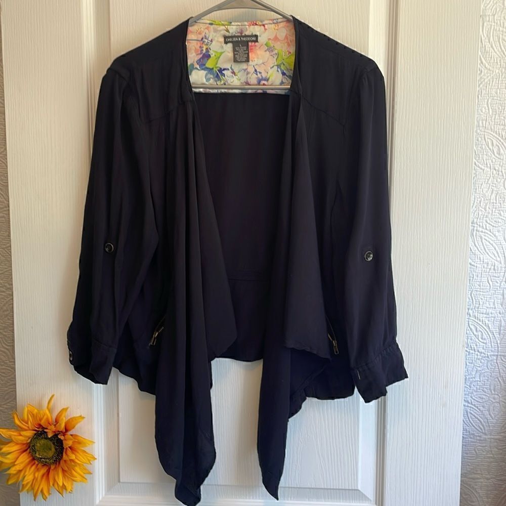 Chelsea & Theodore Navy Blue Pocket Jacket /Drape Front - L - Good Condition